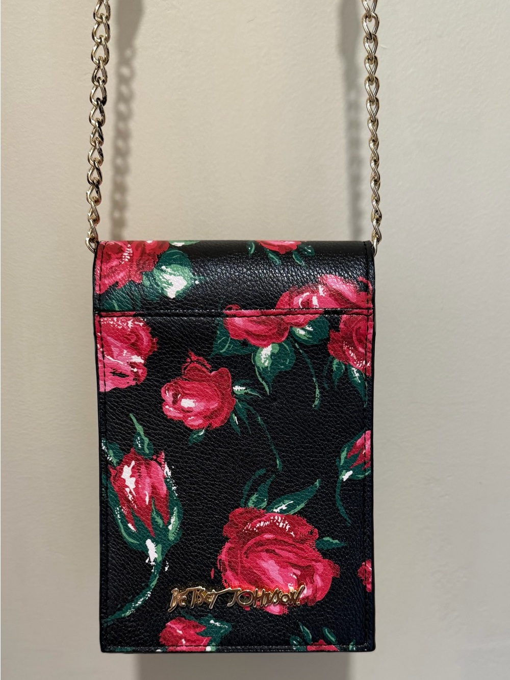Betsey Johnson Black Floral Crossbody Bag with Pink & Green Roses